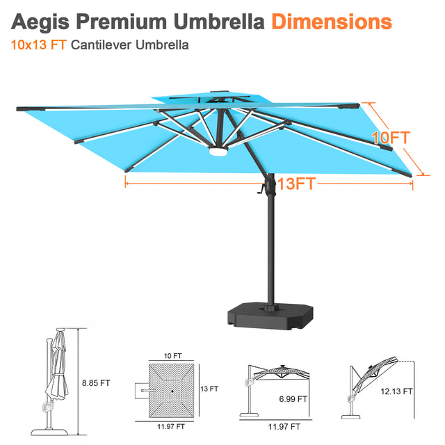 Patioslife Aegis Premium Cantilever Umbrella with Built-In LED Strip Lights and Reinforced Aluminum Ribs & Pole for Patios & Gardens