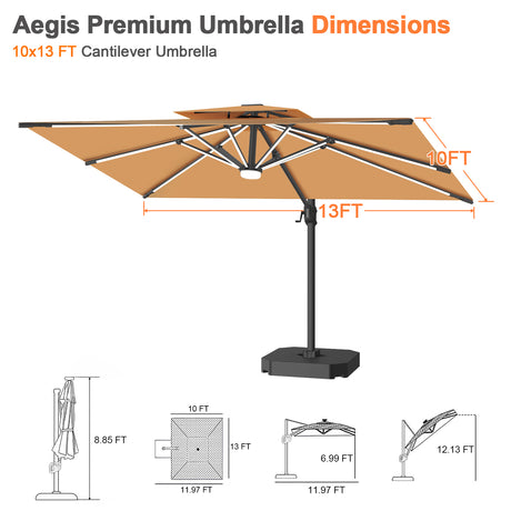 Patioslife Aegis Premium Cantilever Umbrella with Built-In LED Strip Lights and Reinforced Aluminum Ribs & Pole for Patios & Gardens
