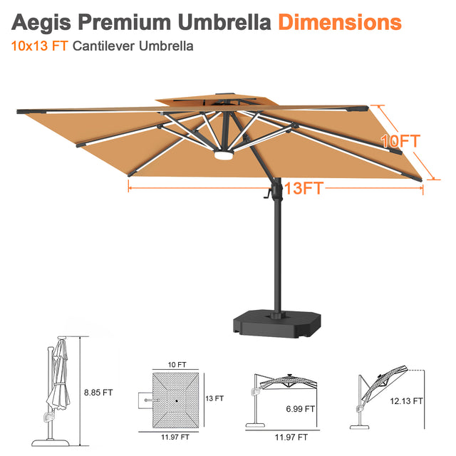 Patioslife Aegis Premium Cantilever Umbrella with Built-In LED Strip Lights and Reinforced Aluminum Ribs & Pole for Patios & Gardens