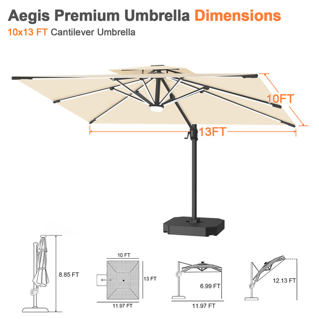 Patioslife Aegis Premium Cantilever Umbrella with Built-In LED Strip Lights and Reinforced Aluminum Ribs & Pole for Patios & Gardens