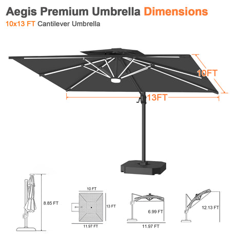 Patioslife Aegis Premium Cantilever Umbrella with Built-In LED Strip Lights and Reinforced Aluminum Ribs & Pole for Patios & Gardens