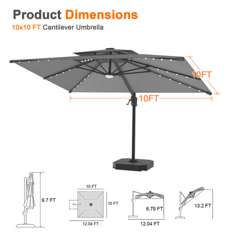 Patioslife Aegis Pro Cantilever Umbrella with Built-In LED Lights and Reinforced Aluminum Ribs and Pole for Patios & Gardens