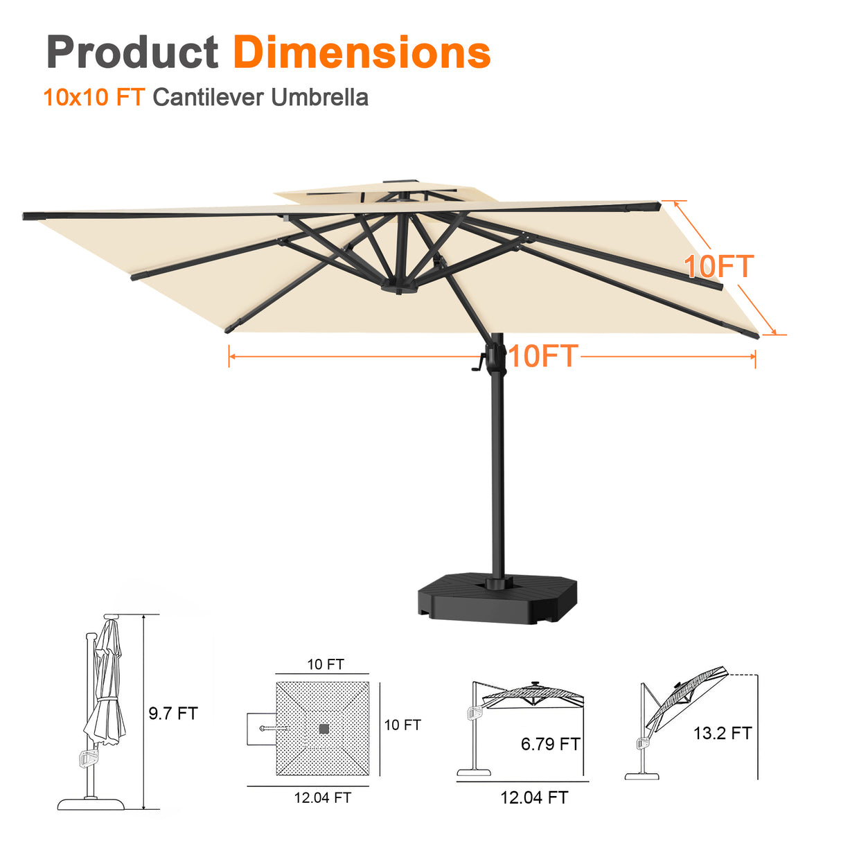 Patioslife Aegis Pro™ Cantilever Umbrella with Cross Metal Base, Reinforced & Powder-Coated Aluminium Ribs and Pole, Ideal for Garden & Patio