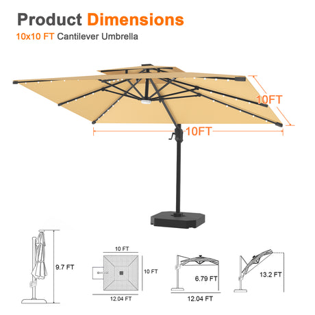 Patioslife Aegis Pro Cantilever Umbrella with Built-In LED Lights and Reinforced Aluminum Ribs and Pole for Patios & Gardens