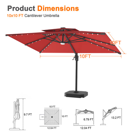 Patioslife Aegis Pro Cantilever Umbrella with Built-In LED Lights and Reinforced Aluminum Ribs and Pole for Patios & Gardens