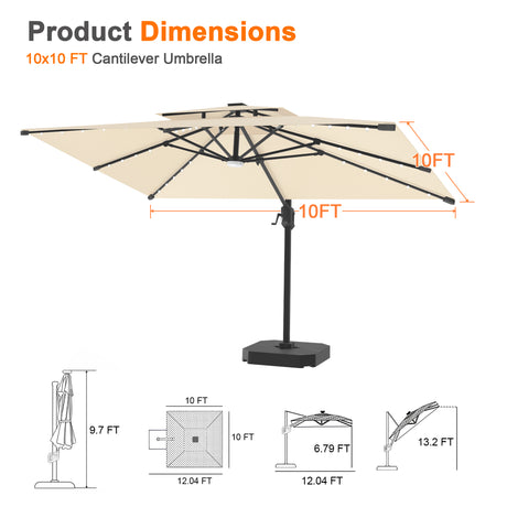Patioslife Aegis Pro Cantilever Umbrella with Built-In LED Lights and Reinforced Aluminum Ribs and Pole for Patios & Gardens