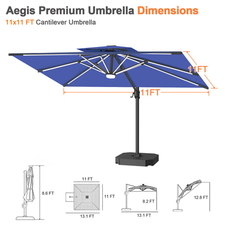 Patioslife Aegis Premium Cantilever Umbrella with Built-In LED Strip Lights and Reinforced Aluminum Ribs & Pole for Patios & Gardens