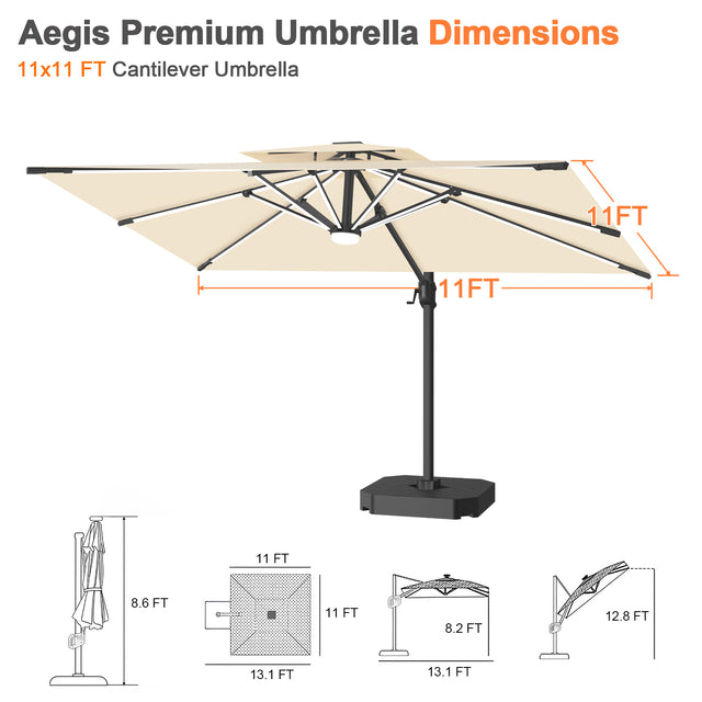 Patioslife Aegis Premium Cantilever Umbrella with Built-In LED Strip Lights and Reinforced Aluminum Ribs & Pole for Patios & Gardens