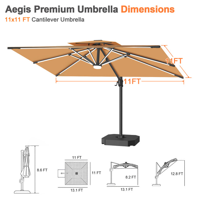Patioslife Aegis Premium Cantilever Umbrella with Built-In LED Strip Lights and Reinforced Aluminum Ribs & Pole for Patios & Gardens