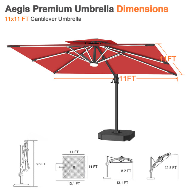 Patioslife Aegis Premium Cantilever Umbrella with Built-In LED Strip Lights and Reinforced Aluminum Ribs & Pole for Patios & Gardens