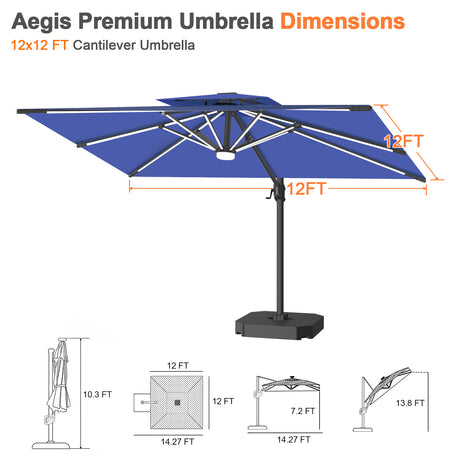 Patioslife Aegis Premium Cantilever Umbrella with Built-In LED Strip Lights and Reinforced Aluminum Ribs & Pole for Patios & Gardens