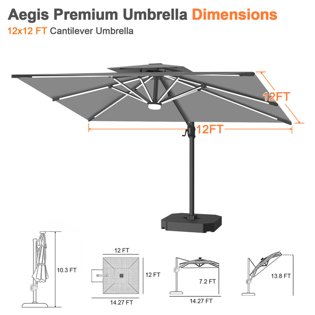 Patioslife Aegis Premium Cantilever Umbrella with Built-In LED Strip Lights and Reinforced Aluminum Ribs & Pole for Patios & Gardens