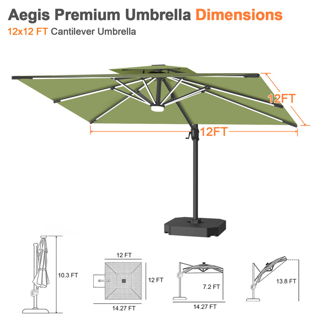 Patioslife Aegis Premium Cantilever Umbrella with Built-In LED Strip Lights and Reinforced Aluminum Ribs & Pole for Patios & Gardens