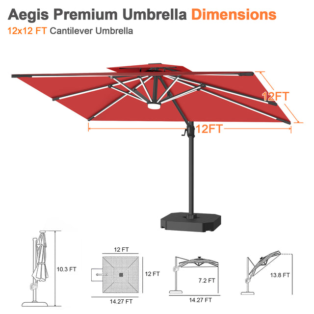 Patioslife Aegis Premium Cantilever Umbrella with Built-In LED Strip Lights and Reinforced Aluminum Ribs & Pole for Patios & Gardens