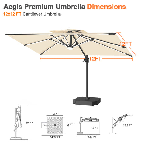Patioslife Aegis Premium Cantilever Umbrella with Built-In LED Strip Lights and Reinforced Aluminum Ribs & Pole for Patios & Gardens
