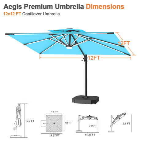 Patioslife Aegis Premium Cantilever Umbrella with Built-In LED Strip Lights and Reinforced Aluminum Ribs & Pole for Patios & Gardens