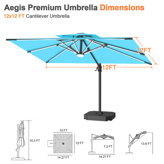 Patioslife Aegis Premium Cantilever Umbrella with Built-In LED Strip Lights and Reinforced Aluminum Ribs & Pole for Patios & Gardens
