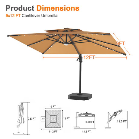 Patioslife Aegis Pro Cantilever Umbrella with Built-In LED Lights and Reinforced Aluminum Ribs and Pole for Patios & Gardens