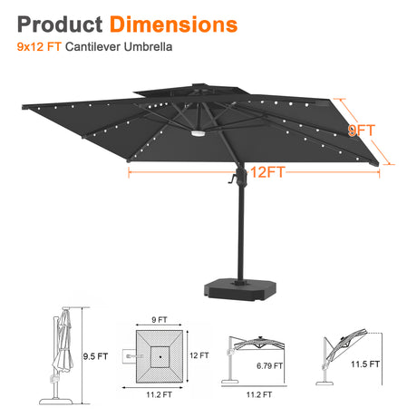 Patioslife Aegis Pro Cantilever Umbrella with Built-In LED Lights and Reinforced Aluminum Ribs and Pole for Patios & Gardens