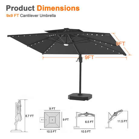 Patioslife Aegis Pro Cantilever Umbrella with Built-In LED Lights and Reinforced Aluminum Ribs and Pole for Patios & Gardens