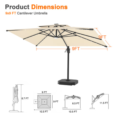 Patioslife Aegis Pro Cantilever Umbrella with Built-In LED Lights and Reinforced Aluminum Ribs and Pole for Patios & Gardens