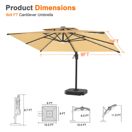 Patioslife Aegis Pro Cantilever Umbrella with Built-In LED Lights and Reinforced Aluminum Ribs and Pole for Patios & Gardens