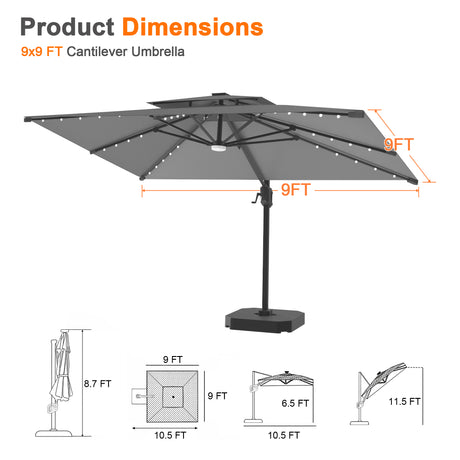 Patioslife Aegis Pro Cantilever Umbrella with Built-In LED Lights and Reinforced Aluminum Ribs and Pole for Patios & Gardens