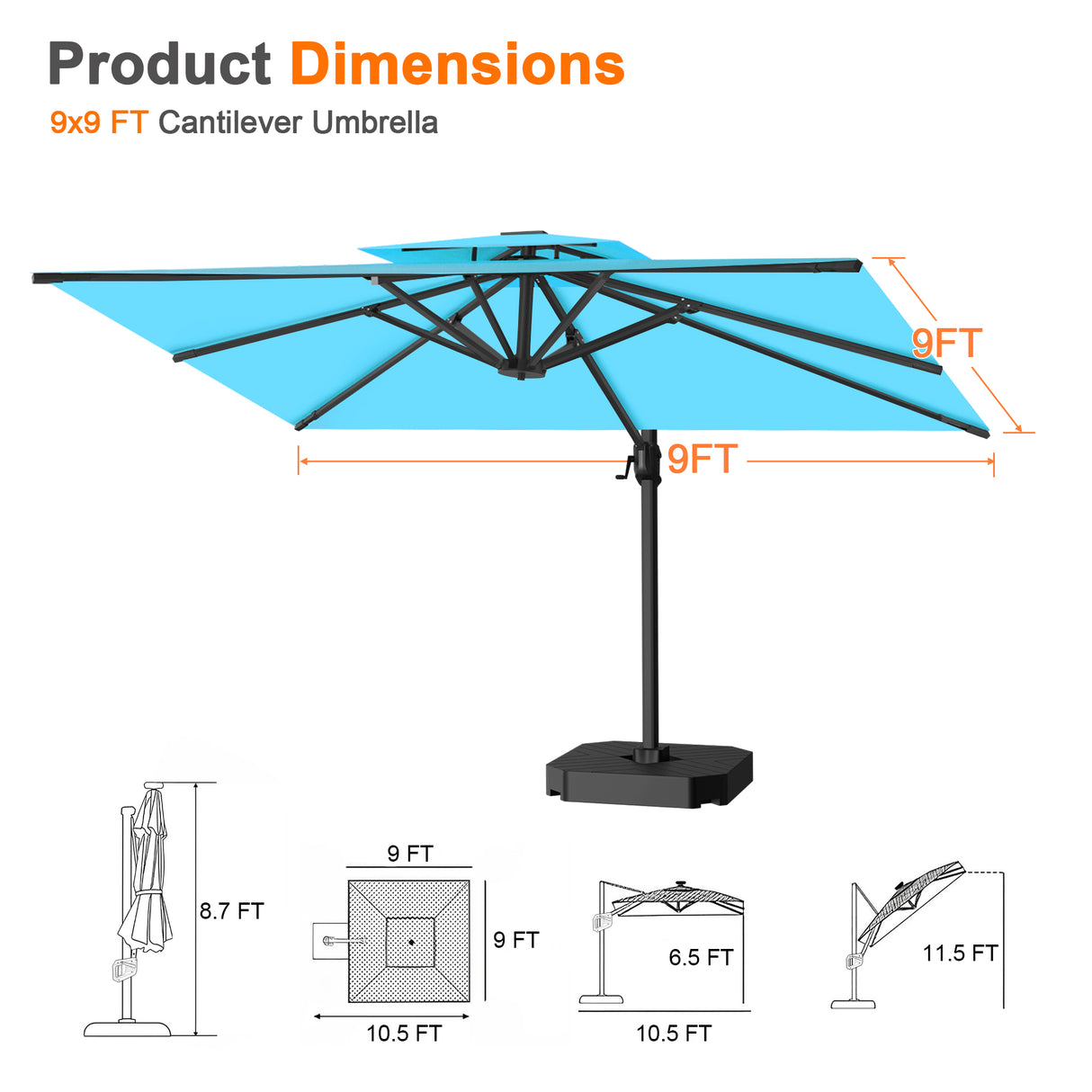 Patioslife Aegis Pro™ Cantilever Umbrella with Cross Metal Base, Reinforced & Powder-Coated Aluminium Ribs and Pole, Ideal for Garden & Patio