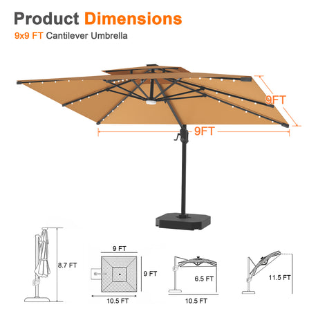 Patioslife Aegis Pro Cantilever Umbrella with Built-In LED Lights and Reinforced Aluminum Ribs and Pole for Patios & Gardens
