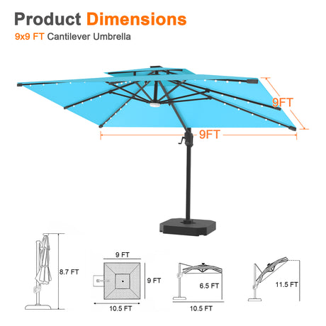 Patioslife Aegis Pro Cantilever Umbrella with Built-In LED Lights and Reinforced Aluminum Ribs and Pole for Patios & Gardens