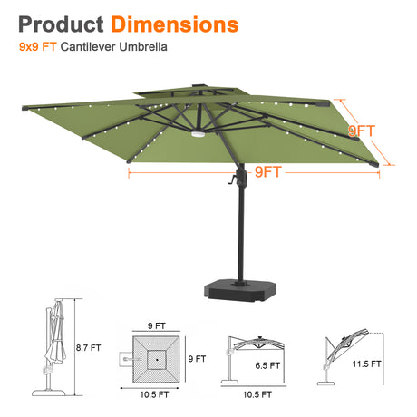 Patioslife Aegis Pro Cantilever Umbrella with Built-In LED Lights and Reinforced Aluminum Ribs and Pole for Patios & Gardens
