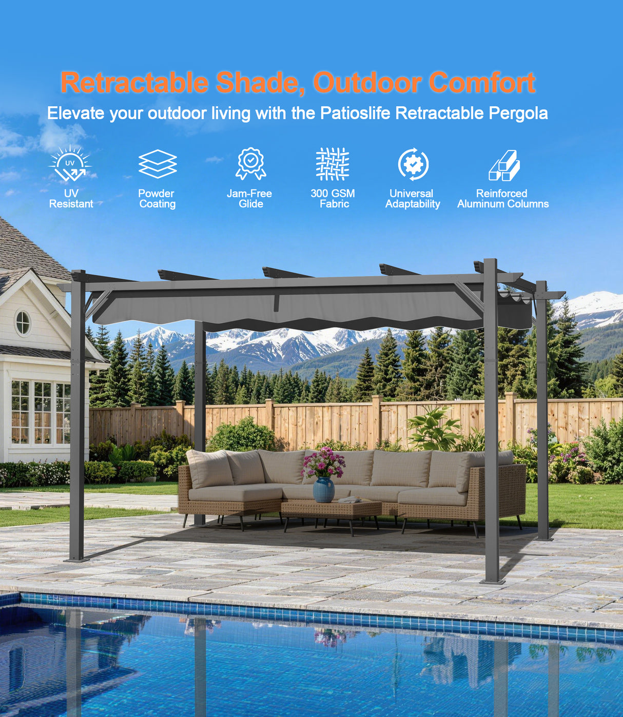 Patioslife Atlantic Retractable Pergola with Adjustable Canopy — Heavy-Duty Outdoor Shade Structure