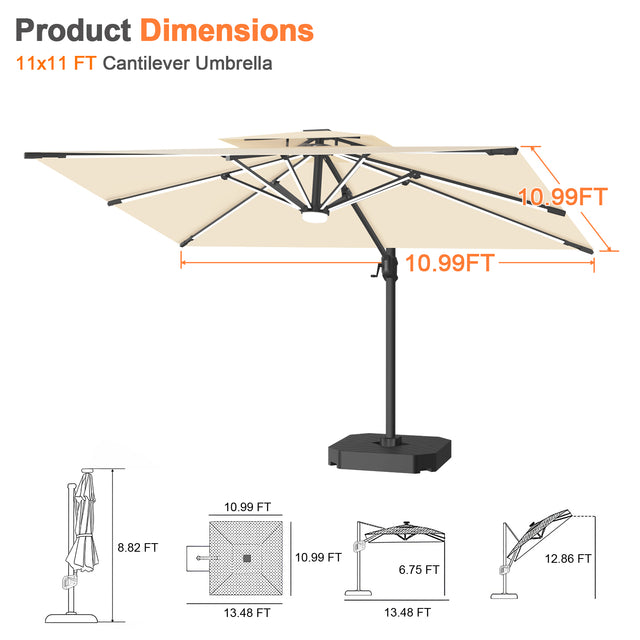 Patioslife Aegis Premium Cantilever Umbrella with Full-Rib LED Strip Lighting, Fibreglass Ribs and Powder-Coated Aluminium Pole for Luxury Garden & Patio Shade