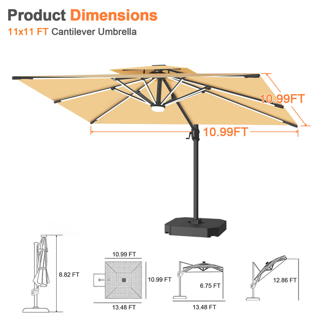 Patioslife Aegis Premium Cantilever Umbrella with Full-Rib LED Strip Lighting, Fibreglass Ribs and Powder-Coated Aluminium Pole for Luxury Garden & Patio Shade