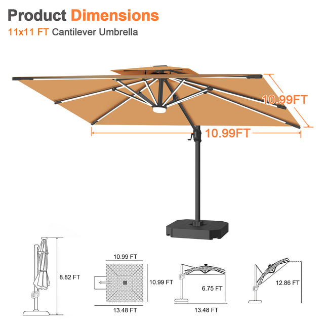 Patioslife Aegis Premium Cantilever Umbrella with Full-Rib LED Strip Lighting, Fibreglass Ribs and Powder-Coated Aluminium Pole for Luxury Garden & Patio Shade