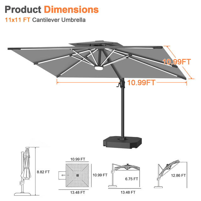 Patioslife Aegis Premium Cantilever Umbrella with Full-Rib LED Strip Lighting, Fibreglass Ribs and Powder-Coated Aluminium Pole for Luxury Garden & Patio Shade