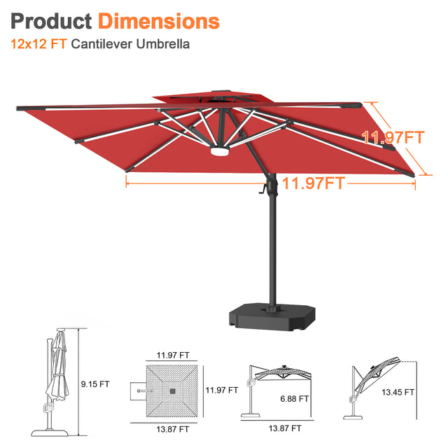 Patioslife Aegis Premium Cantilever Umbrella with Full-Rib LED Strip Lighting, Fibreglass Ribs and Powder-Coated Aluminium Pole for Luxury Garden & Patio Shade