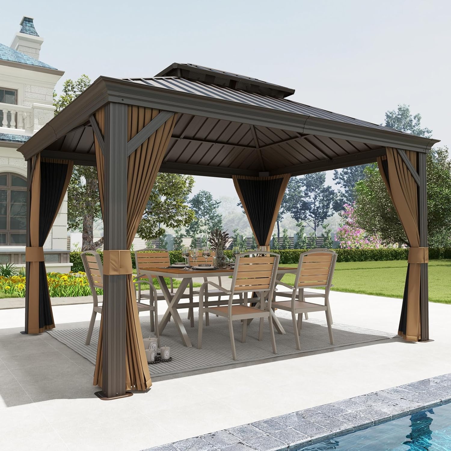 Patioslife Hardtop Gazebo with Wood Grain Aluminum Frame, Double Vented Roof & Curtains, Patio Pergola for Garden or Backyard