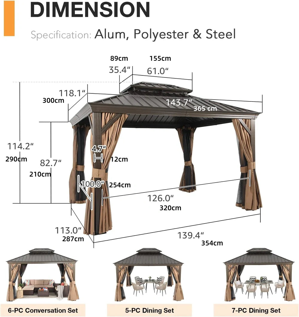 Patioslife Hardtop Gazebo with Wood Grain Aluminum Frame, Double Vented Roof & Curtains, Patio Pergola for Garden or Backyard