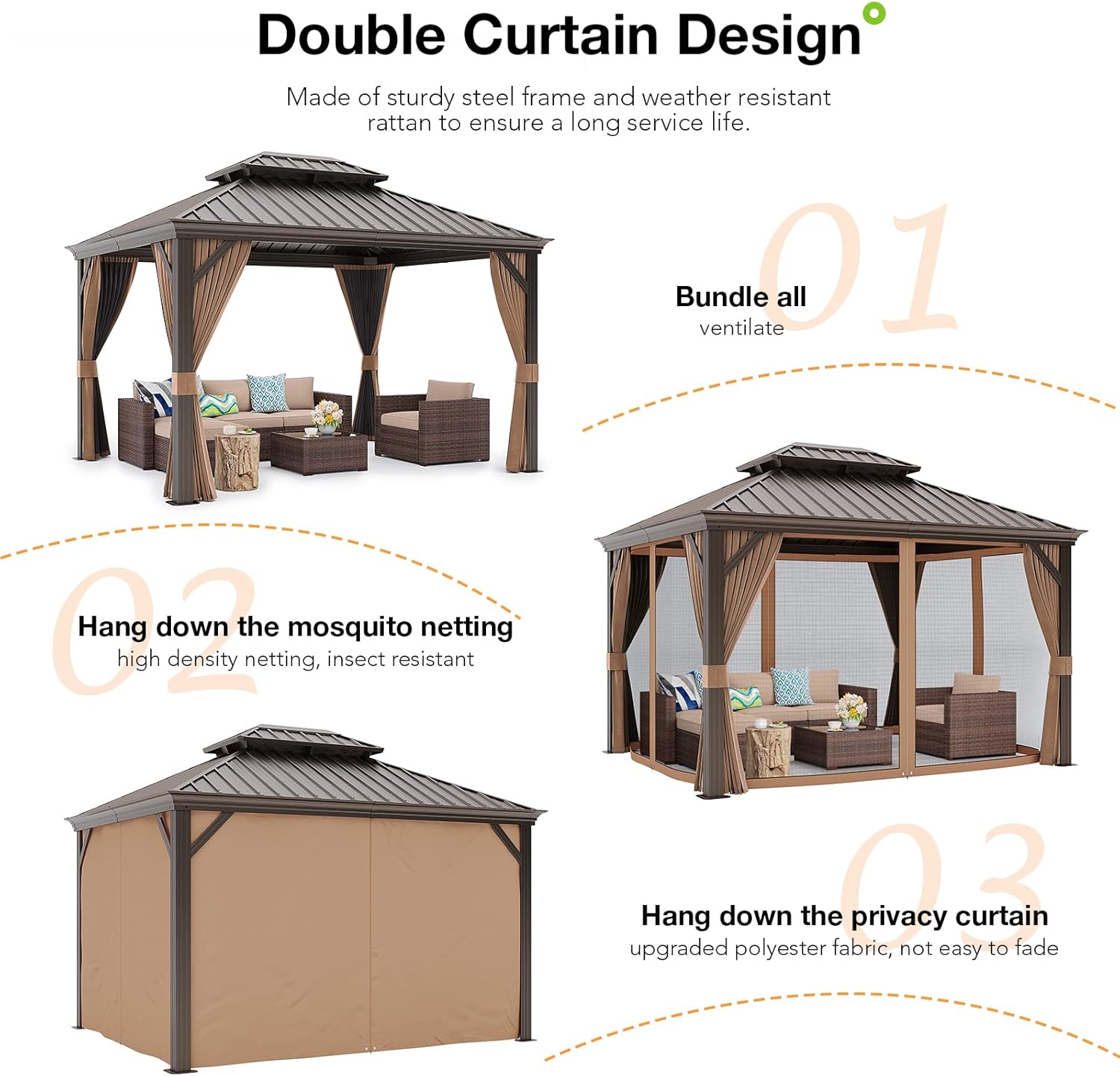 Patioslife Hardtop Gazebo with Wood Grain Aluminum Frame, Double Vented Roof & Curtains, Patio Pergola for Garden or Backyard
