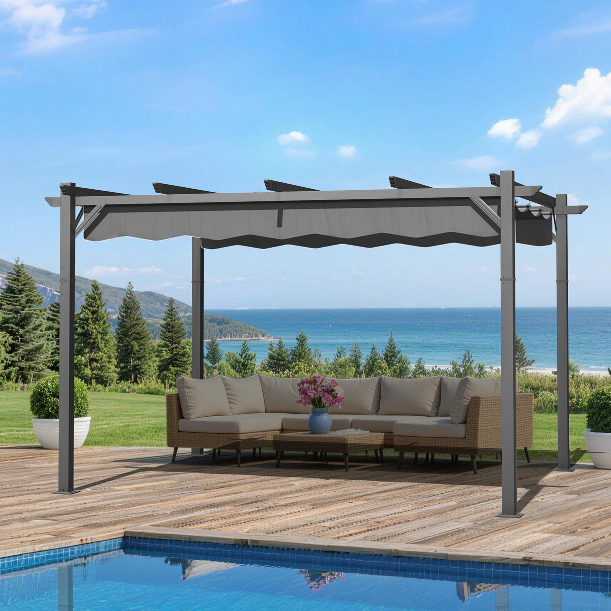 10×13ft Patioslife Charcoal Retractable Pergola, Heavy-Duty Outdoor Patio Shade with Adjustable Canopy
