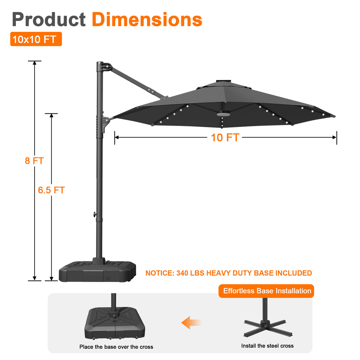 Patioslife Aegis 10ft Round Cantilever Patio Umbrella with solar LED lights | Premium Cover | Large Base