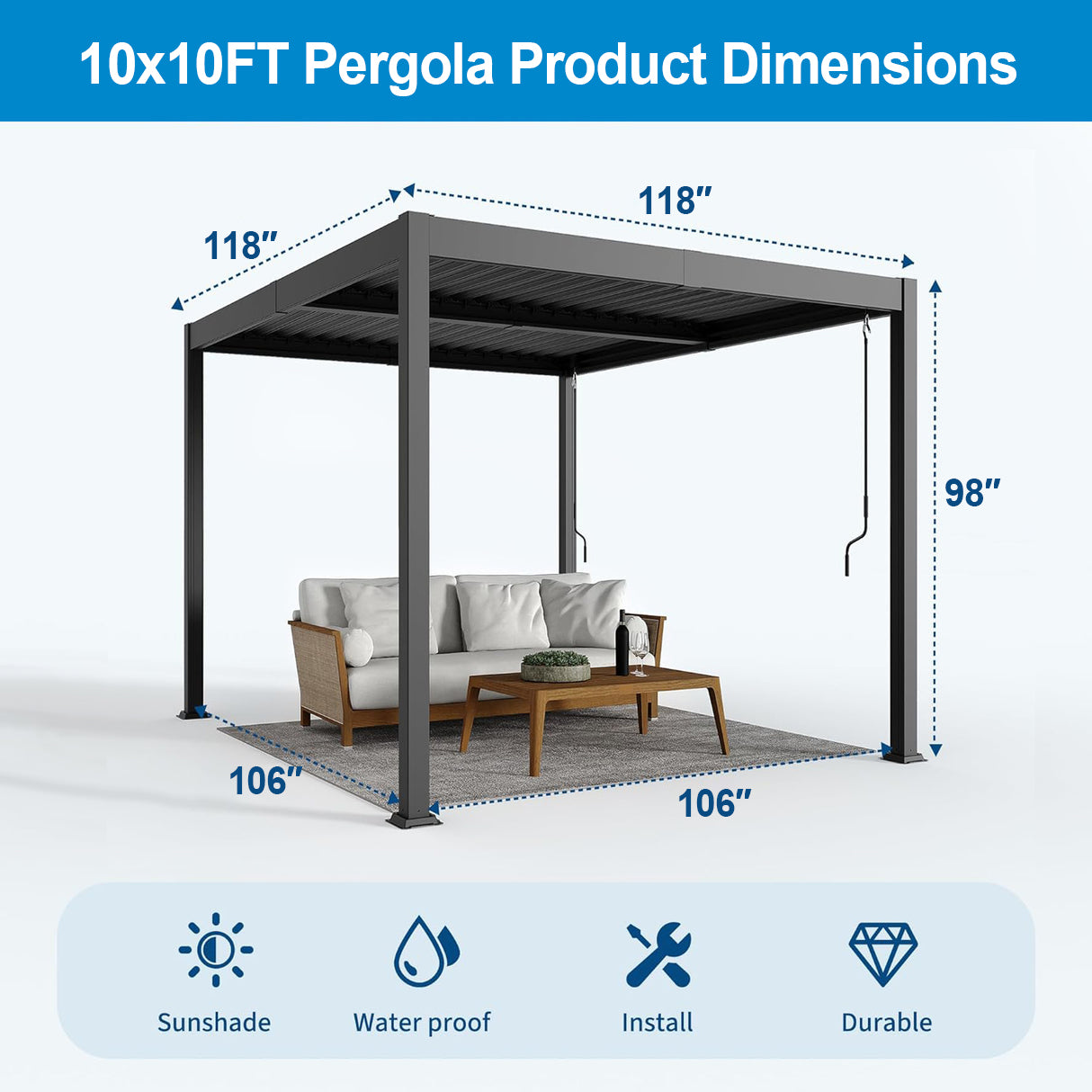 Patioslife Atlantic™ |10 x 10ft Aluminium Louvered Pergola with Adjustable Roof, Modern Outdoor Shade Structure for Garden, Deck & Patio