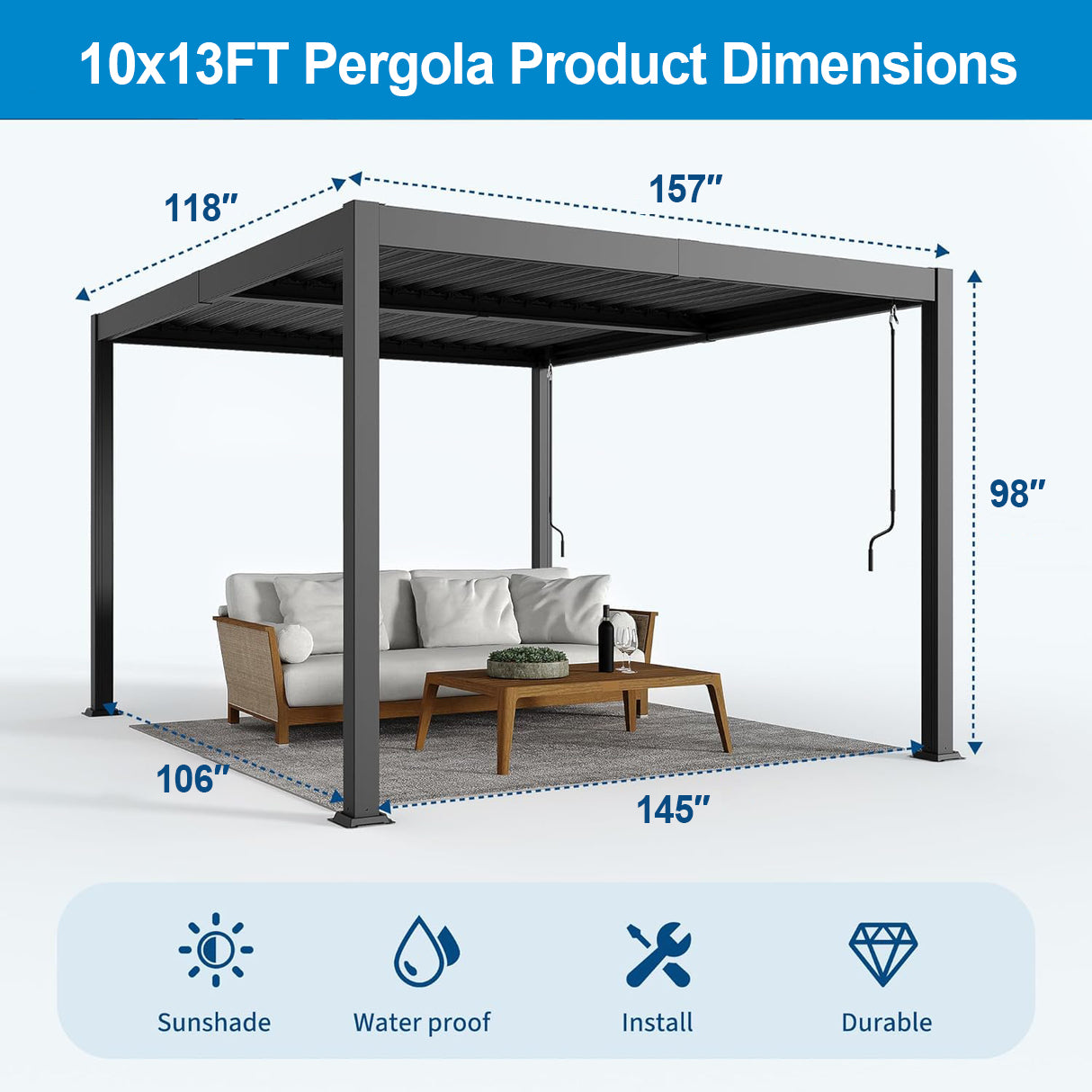 Patioslife Atlantic™ | 10 x 13ft  Heavy-Duty Aluminium Louvered Pergola, Freestanding Weather-Resistant Shelter for Backyard & Poolside