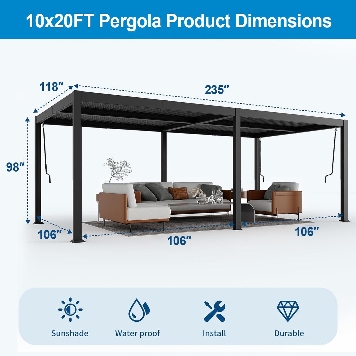 Patioslife Atlantic™ |10 x 20ft Contemporary Aluminium Louvered Pergola with Adjustable Louvers, Stylish Outdoor Pavilion for Patio & Entertaining