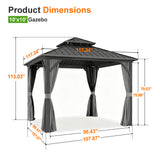 Patioslife 10x10 ft hardtop gazebo dimension chart with metal roof, curtains, and backyard shade structure measurements.