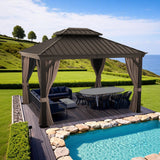 Patioslife Haven 10x12 ft Espresso Brown hardtop gazebo with curtains, netting, reinforced aluminum posts, and poolside outdoor dining setup.