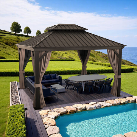 Patioslife Haven 10x12 ft Espresso Brown hardtop gazebo with curtains, netting, reinforced aluminum posts, and poolside outdoor dining setup.