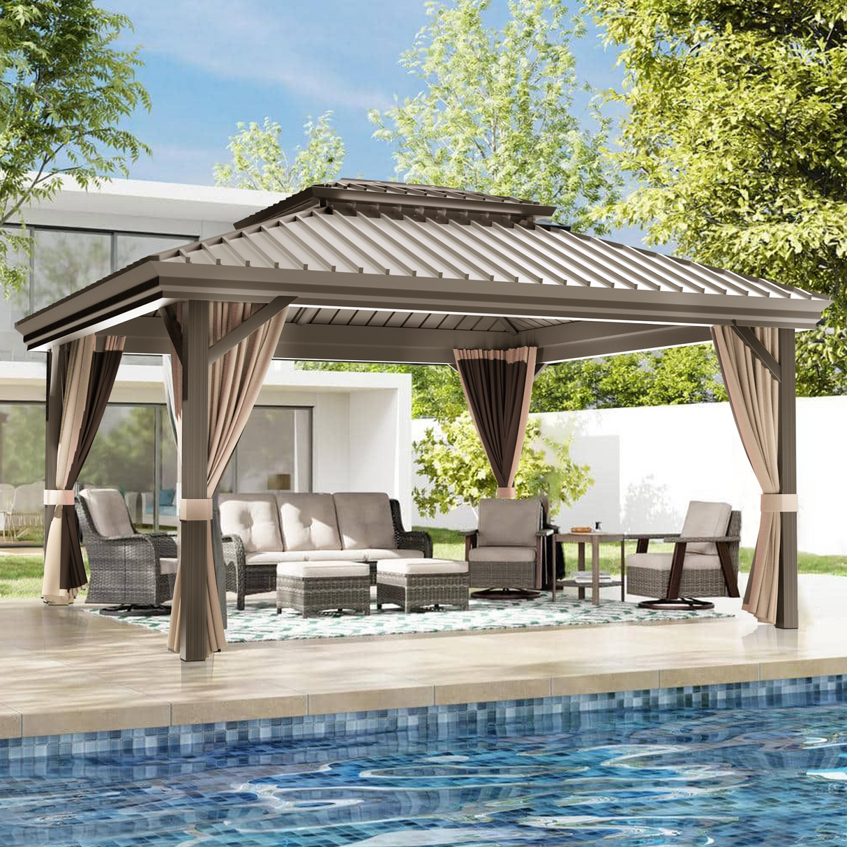 Patioslife 10x12 ft Espresso Brown backyard gazebo with curtains, outdoor sofa seating, and poolside patio cover.