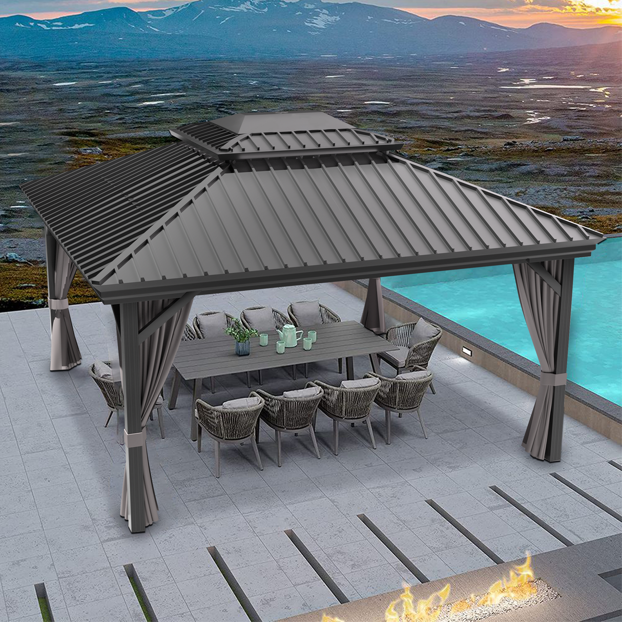 Patioslife 10x12 ft Graphite Grey backyard gazebo with metal roof, curtains, and outdoor dining set by the pool.